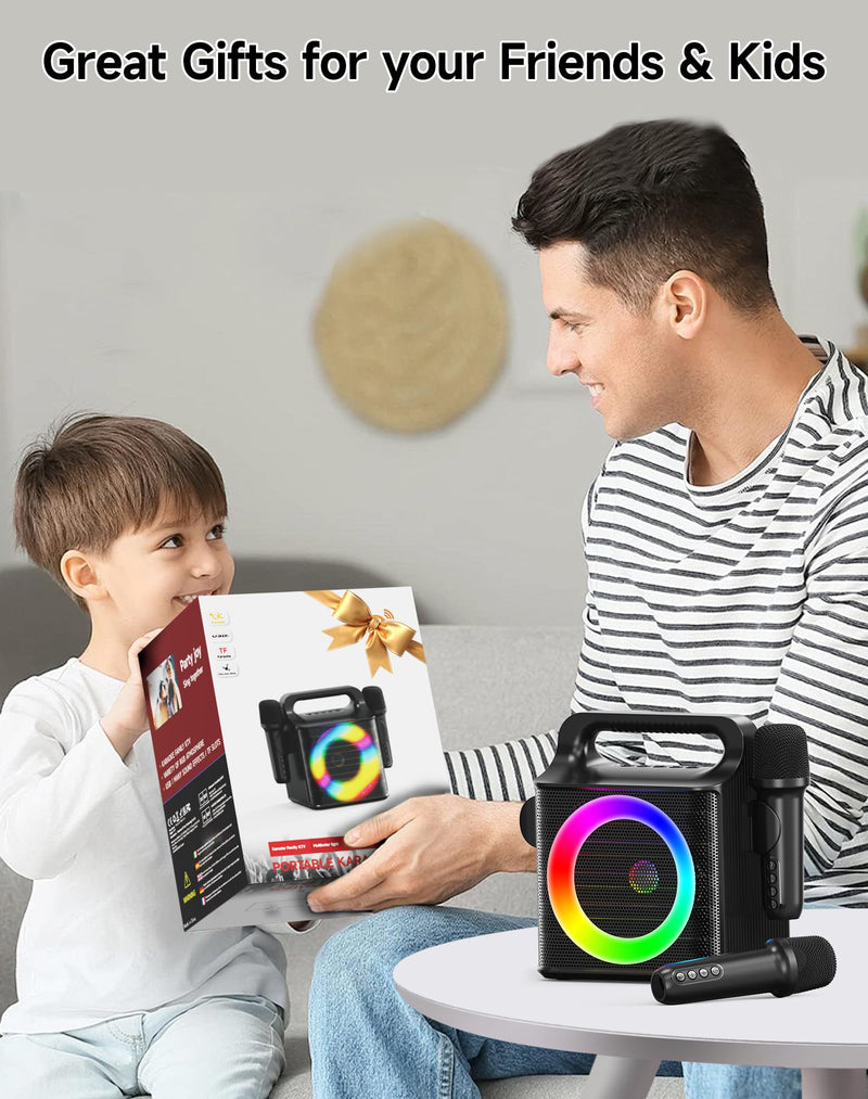 SINWE Portable Karaoke Machine with 2 Wireless Microphones - Bluetooth Singing Device with Colorful Lights & 15W Speaker for Christmas, Birthday Parties, Weddings & Home Entertainment