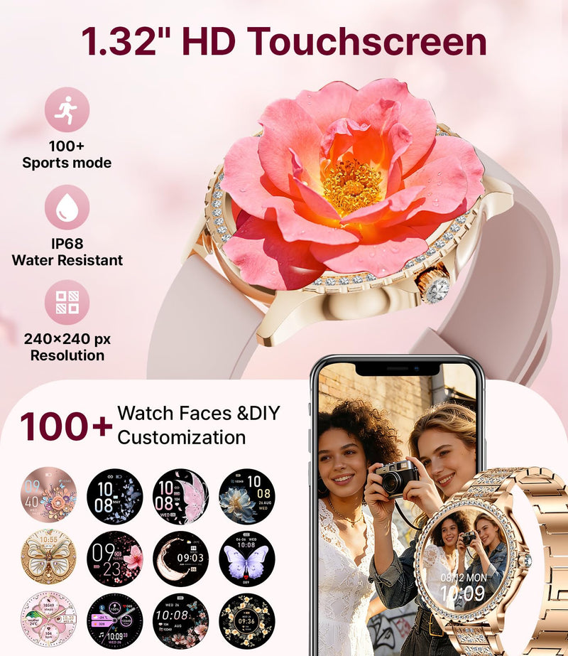 LIGE Smart Watches for Women,1.32" HD Fitness Tracker Watch with Answer/Make Call,AI Voice Control,Heart Rate/Calories/SpO2 Monitor 100+ Sport Modes Ladies Smart Watch for Android iOS (Gold) Gold