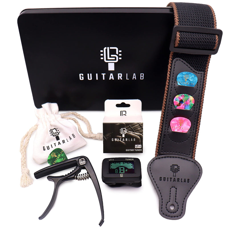Guitar Accessories Kit - Premium Metal Tin with Guitar Strap, Capo, Tuner & Picks for Acoustic, Bass, Electric & Ukelele Guitars