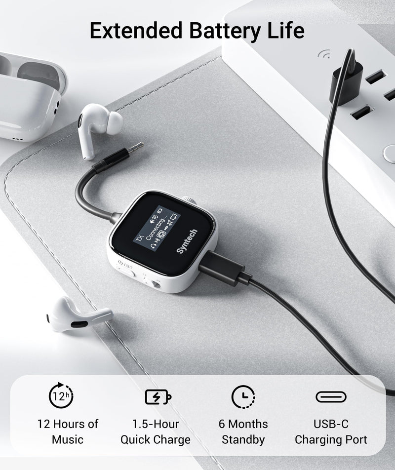[AUSTRALIA] - Syntech Airplane Bluetooth Transmitter Receiver for 2 AirPods or Wireless Headphones, HD Display Low Latency 3.5mm AUX Jack Bluetooth 5.4 Audio Adapter for Flying, TV, Car, Gym, Home Stereo White 