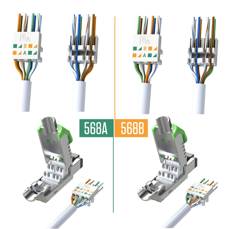 LINKUP Cat6A RJ45 Connectors | 6-Pack, White | shielded modular termination, tool-free, gold-plated, for solid and stranded Ethernet cable FTP Plug - White