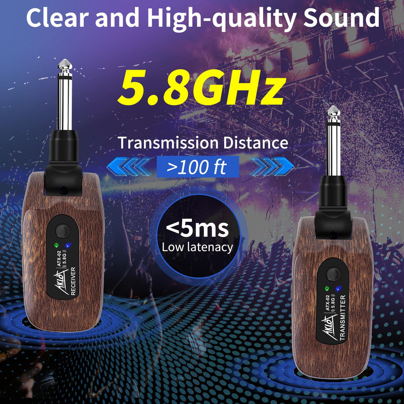 AKLOT Wireless Guitar System Transmitter Receiver Set 5.8G Hz Built-in Rechargeable Lithium Battery Digital for Electric Guitar Bass (5.8GHz) 5.8GHz