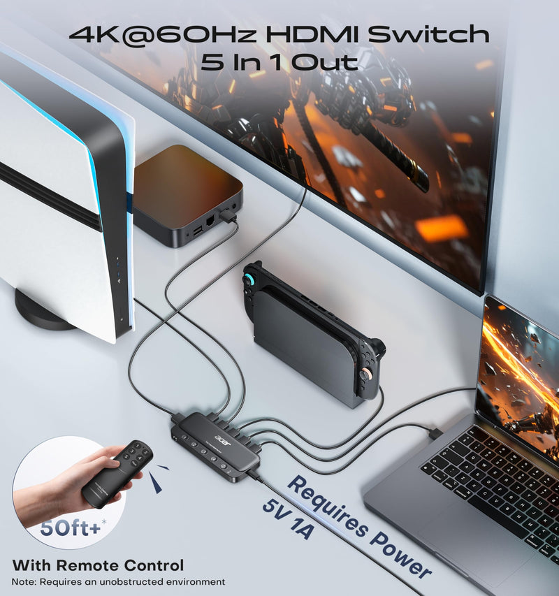 acer HDMI Switch 5 in 1 Out [4K@60Hz, HDMI 2.0, HDCP 2.3, HDR] Switcher with Remote, Supports DTS, Dolby, Work for PS5/Xbox/Switch/Roku/TV Stick/Projector Grey
