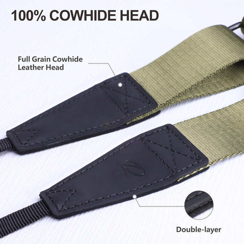 [AUSTRALIA] - Padwa Lifestyle Adjustable Camera Strap - 1.5" Full Grain Leather Ends Camera Straps for Photographers, Adjustable Neck Shoulder & Crossbody Nylon Strap Quick Release for Cameras and Binoculars Solid Olive Green Adjustable 38~66 inch / 1.5" Wide 