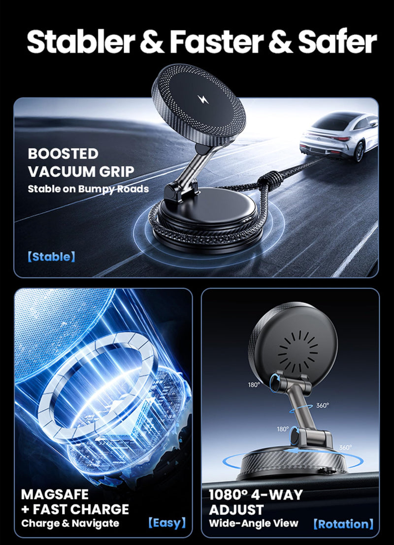 15W Magsafe Wireless Fast Charger Car Phone Mount Holder with Vacuum | ULiiZOMIR Adjustable Magnetic Mount, Strong Grip Dashboard & Windshield Holder for iPhone 12-17 and Android Devices