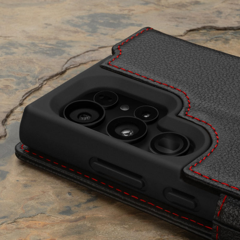 TORRO Case Compatible with Samsung Galaxy S24 Ultra 5G – Premium Leather Wallet Case with Kickstand and Card Slots (Black with Red Detail) Black with Red Detail