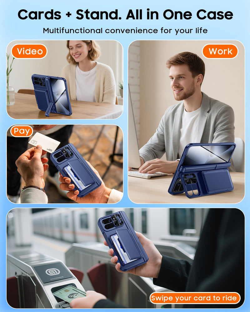 [AUSTRALIA] - CENMASO for Google Pixel 10 Pro Fold Case with Card Holder [RFID Blocking] Camera Cover, Hinge Protection, Dual Hidden Kickstand, Screen Protector, Shockproof Phone Case for Pixel 10 Pro Fold (Blue) Blue-wallet 