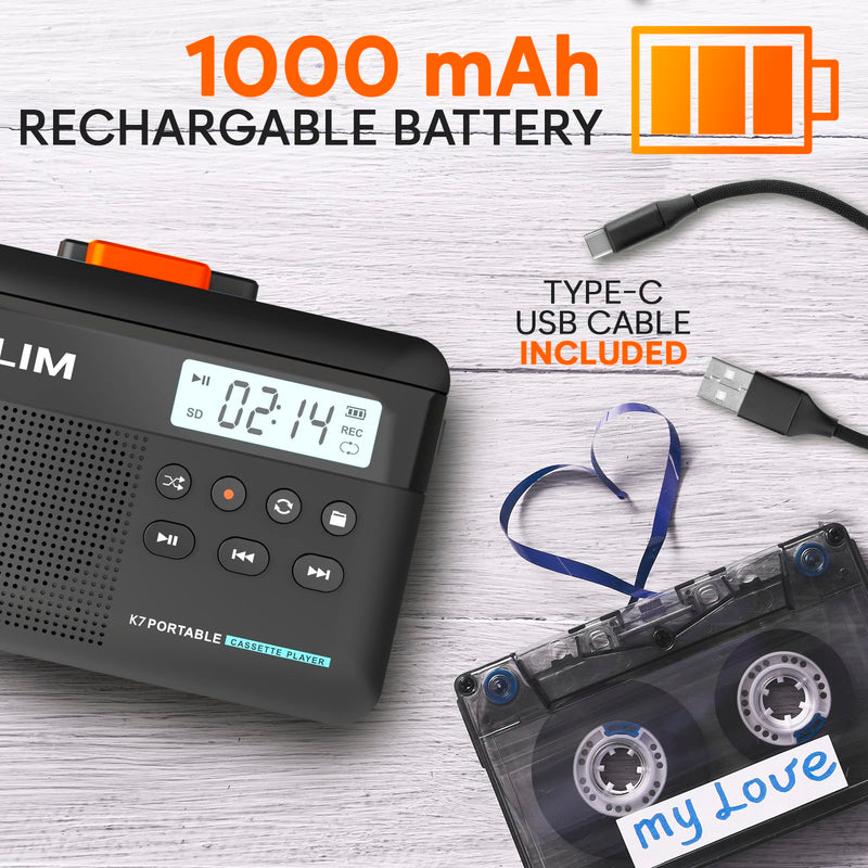 [AUSTRALIA] - KLIM K7 Cassette Tape Player - Cassette to MP3 Converter - Portable - Built-in Microphone & Speaker - Rechargeable Battery - Earphones - 16GB SD Card - Black-Orange Black Orange 