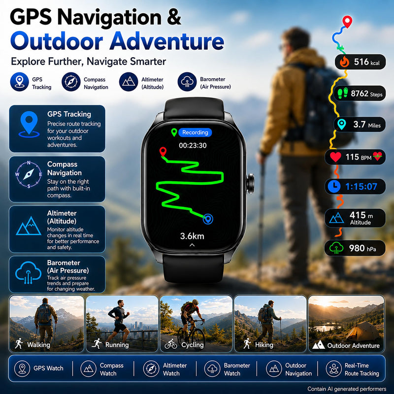 Smart Watch for Men Women Built-in GPS with AI (Answer/Make Call), 1.96" HD Display, IP68 Waterproof, Bluetooth Calls, 100+ Sport Modes, 24/7 Health Monitor, Fitness Tracker for Android iPhone Black 1.96"