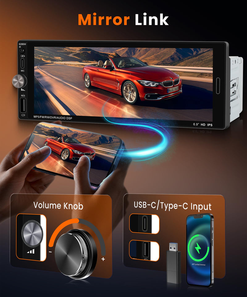 Single DIN Carplay Radio Wireless Android Auto, 6.9-Inch IPS Touchscreen Car Stereo with Bluetooth5.2 FM/RDS Radio EQ USB Backup Cam Included