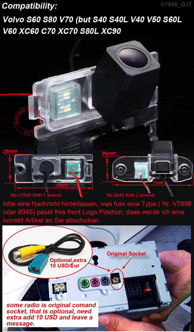 Super HD Vehicle Backup License Plate Cameras Car Rear View Back up Camera compatiable for Volvo S80L /S40L/S80/S40/S60/V60/XC90/XC60/C70/S60L Waterproof HD (Model A= Clip+Screw Connector) Model A= Clip+Screw connector