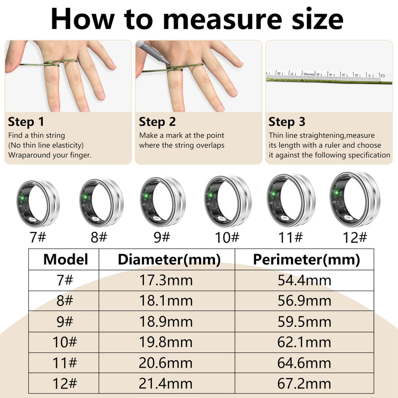Thin Smart Ring for Fitness & Health Tracking -Pedometer,Sleep/Heart Rate/Blood Oxygen Monitor, Gesture Control / 5ATM Waterproof -No APP Subscription Compatible with Smart Phone (Silver, 12) Silver