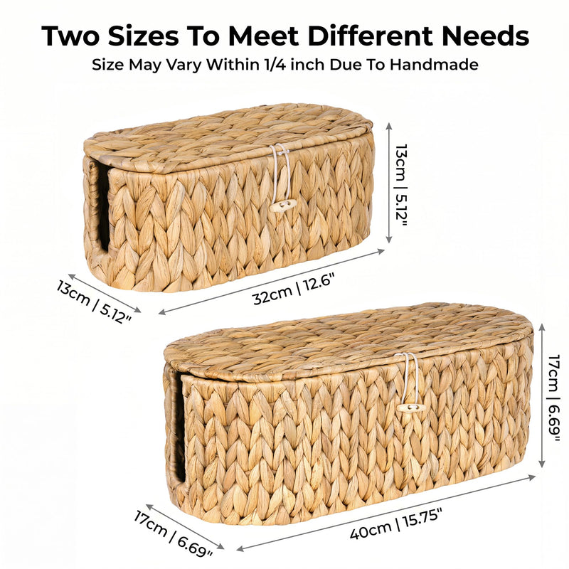 Set of 2 Cable Management Box, Handwoven Cord Hider Box with 3 Open Slots | Cable Organizer Box with Lockable Lid, Cord Storage Box to Hide Power Strip, Router, USB Hub, TV Wires for Home, Office Water Hyacinth