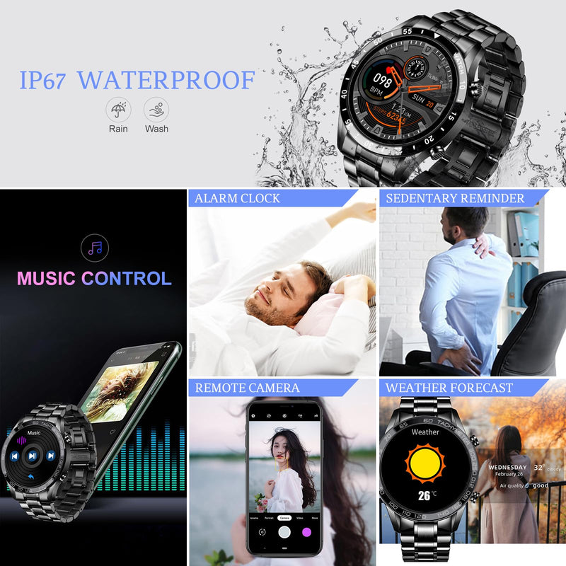 Men Smart Watch for Android iOS, Bluetooth Calls Voice Chat with Heart Rate/Sleep Monitor Fitness Tracker, 1.3" Full Touch Screen IP67 Waterproof Stainless Steel Activity Tracker for Men A-Black