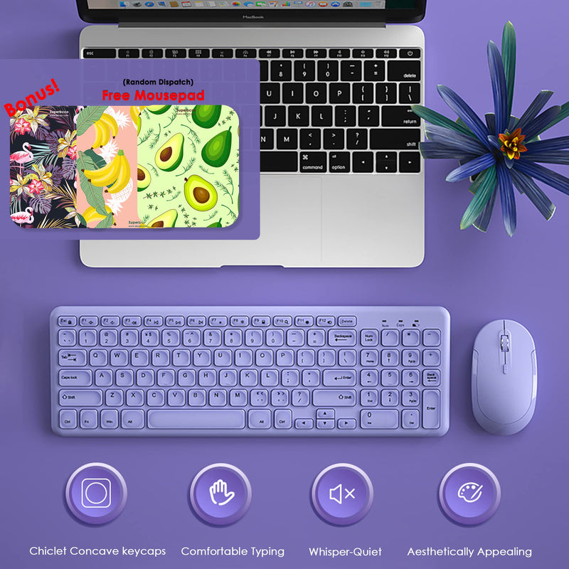 Wireless Keyboard and Mouse Combo, Superbcco Cordless Computer Keyboard with Number Keypad, 2.4Ghz USB Receiver, Ultra Slim, Energy Saving, 3-Level DPI for Laptop/Computer/PC/Desktop (Lavender Purple) Lavender Purple