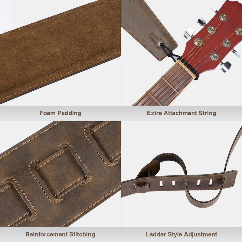 [AUSTRALIA] - Leather Guitar Strap, 3 inch Wide Comfortable Foam Cushion Padded Bass Strap, Adjustable Length from 51" to 57", with Strap Locks & Picks, for Bass/Electric/Acoustic Guitar (Brown) 