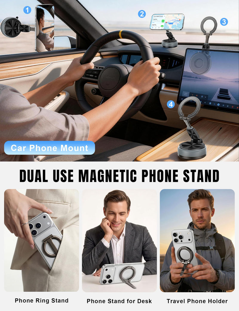 Magnetic Car Phone Mount 2-in-1 Detachable Ring Grip & Windshield Dashboard Vacuum Suction Phone Stand Finger Ring Kickstand Holder for Magsafe Compatible with iPhone 17 16 15 Pro Max Android Black & Gunmetal Gray