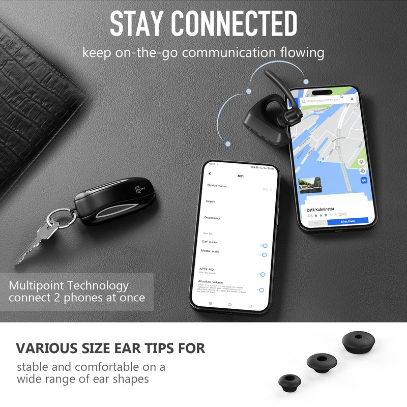 Conambo K10C&K21 Bluetooth Headset, Wireless Bluetooth Earpiece with CVC8.0 Dual Mic Noise Canceling 16 Hrs Talking Time for Truck Driver iPhone Android Cell Phones