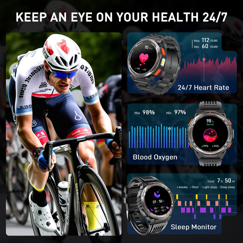 Military Smart Watches for Men with LED Flashlight Compass 3ATM Waterproof | Tactical Rugged Smart Watch with 1.45" HD, Sports Fitness Tracker with Heart Rate/SPO2/Sleep Monitor for Android & iPhone KE5-Orange Button