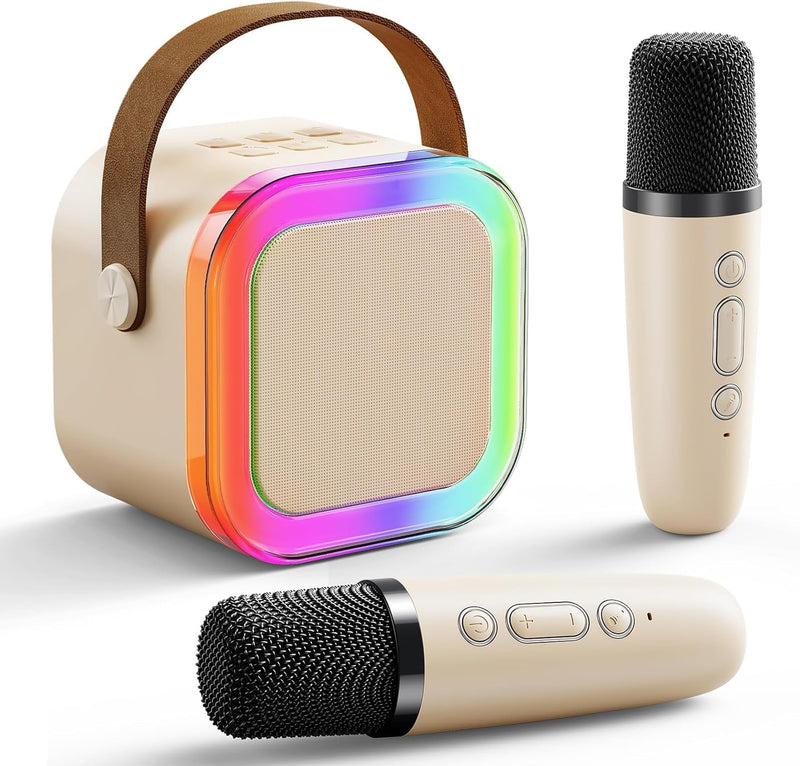 Mini Karaoke Machine for Kids Adults, Portable Bluetooth Karaoke Speaker with 2 Wireless Microphones for Girls Boys 3-11,12+ Years Old, Gifts for Family Home Birthday Party off-white