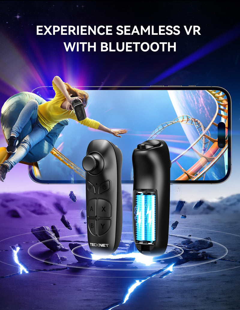 TECKNET VR Headset for Phone with Bluetooth Controller, 4.7-7.2" VR Headsets with HD 110°FOV Anti-Blue Light Lenses & Adjustable Gears, 3D VR Headset for Kids Compatible iPhone Samsung Android Black