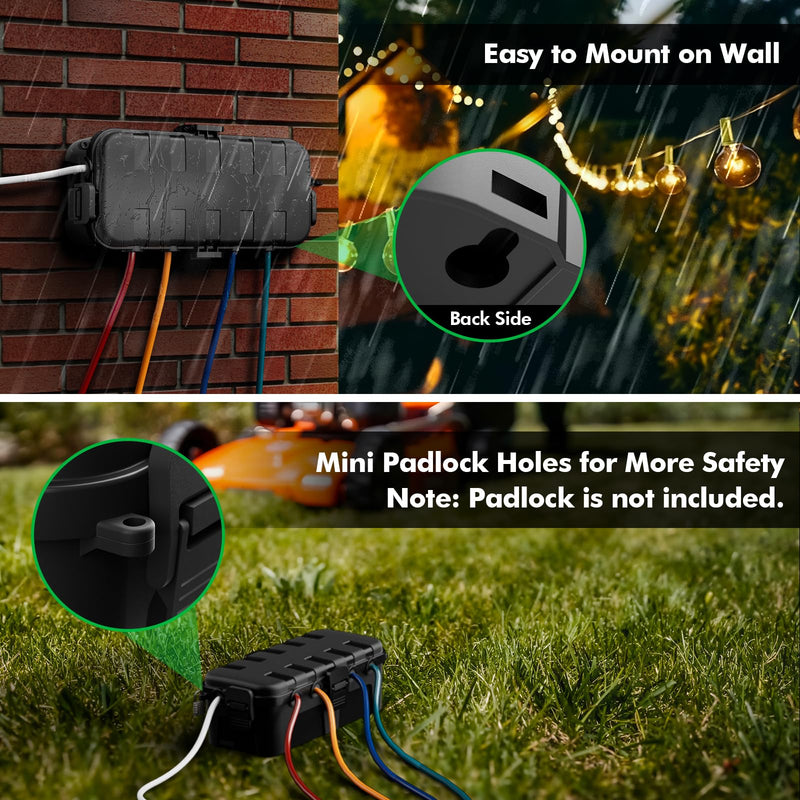 RESTMO Outdoor Electrical Box, IP54 Weatherproof Extension Cord Cover with 6 Cable Entry Ports, Waterproof Connection Box Protect Power Strip, Timer, Plug, Holiday Lights, (11.5x5.2x4 inch), Black 1 Pack