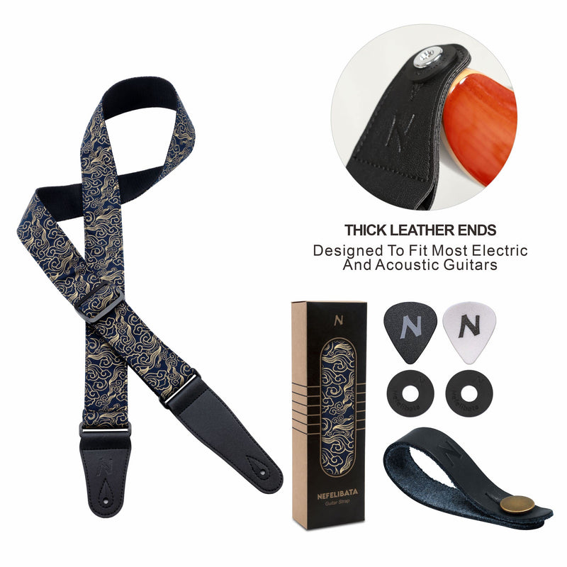 Nefelibata Guitar Strap Japan Printed Cotton Original Design Adjustable Guitar Strap with Long Leather Ends,Include Strap Button,Guitar Picks and Strap Locks(Auspicious Cloud) Auspicious Cloud