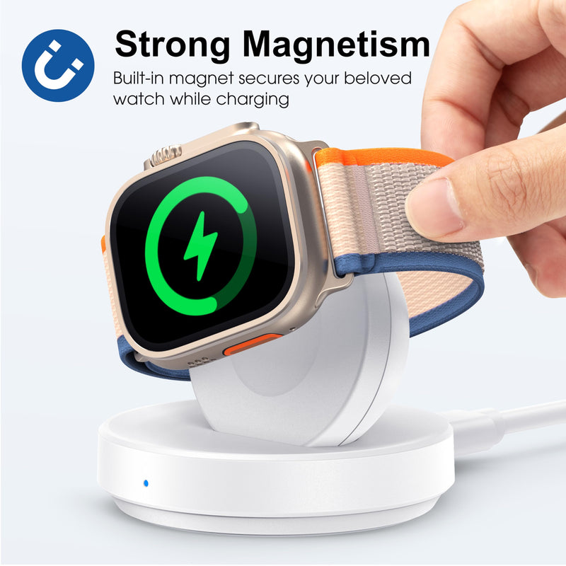 Portable Magnetic Charging Dock for Apple Watch, Wireless Fast Watch Charger Stand with Charging Cable, Support Nightstand Mode, Compatible with Apple Watch Series 9 8 7 SE 6 5 4 3 2-White White