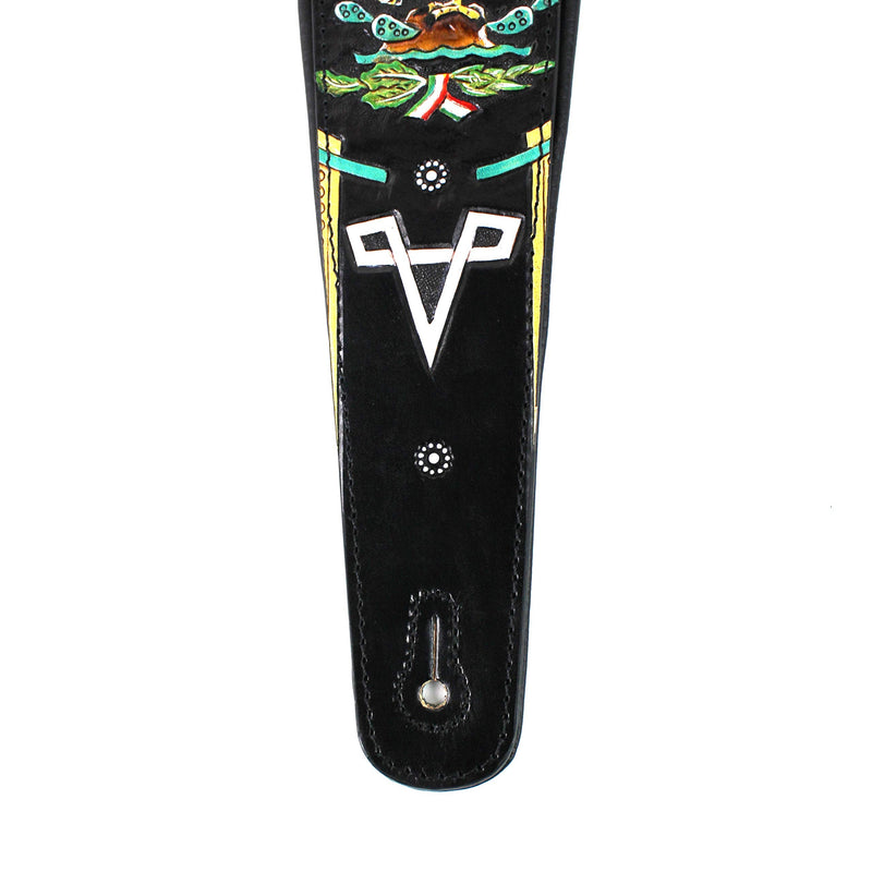 [AUSTRALIA] - Walker And Williams KB-52-BLK Handmade Heritage Series Black Leather Guitar Strap With Hand Carved And Painted Mexican Coat Of Arms Design For Acoustic, Electric, And Bass Guitars 