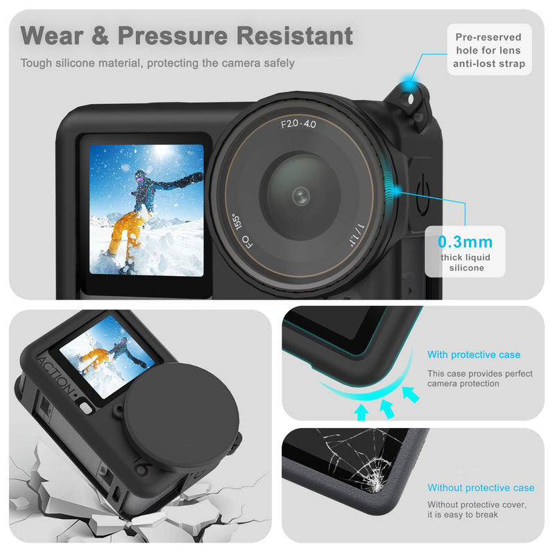 FiTSTILL Silicone Rubber Case+3Pack Tempered Glass Protector Compatible for DJI Osmo Action 6,Rubber Case&Lens Caps&Screen Protectors&Lanyardfor Protective Full Cover Shell Action6 Accessories Kit