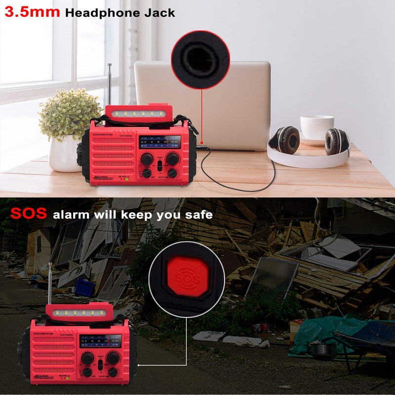 5000mAh Weather Alert Radio, AM/FM/SW/NOAA Radio, Solar Hand Crank Portable Survival Emergency Radio,Rechargeable Battery Power Bank USB Cellphone Charger,Camping Flashlight Lantern,SOS Alarm,Compass Red