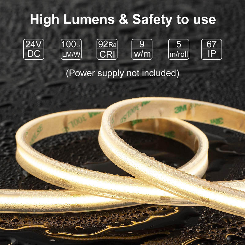 [AUSTRALIA] - LLTOP COB LED Strip Lights Waterproof IP67 DC24v Warm White 3000K 16.4ft/5m High CRI 92Ra+ Outdoor LED Tape Lighting DIY Cuttable for Bedroom Kitchen Cabinet Shelf (Power Supply Not Included) Warm White 3000K (power supply not included) 