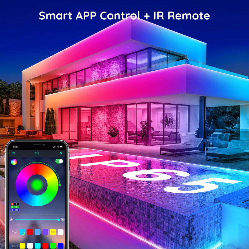 60Ft Outdoor Waterproof LED Strip Lights,Music Sync RGB IP65 Led Lights with App Control and Remote,Color Changing Waterproof Led Rope Lights for Outdoor,Balcony,Roof,Garden,Stairs Party