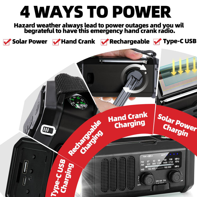 QAUYYW10000mAh/37000mWh Emergency Hand Crank Radio AM/FM with LED Flashlight Solar Radio, Portable Weather Radio, Emergency Cell Phone Charger for Family Outdoor Camping and Emergency Rescue Us Black