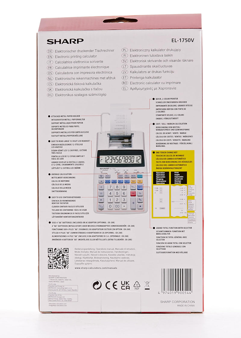 Sharp SH-EL1750V Printing Calculator, Black/Red