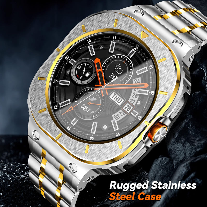 Stainless Steel Band with Case Compatible with Samsung Galaxy Watch Ultra | BAITEYOU Metal Strap with Cover for Samsung Galaxy, Ultra 2/9/8/7 47mm 2026/2025/2024, Luxury Bracelet for Men.Silver Gold Silver Gold Galaxy Watch Ultra -47mm
