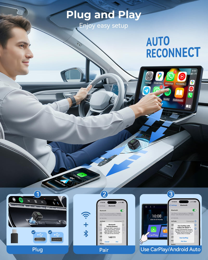 Wireless CarPlay Adapter, Convert Wired to Wireless, 2-in-1 CarPlay & Android Auto, Mini Plug & Play, Fast Auto-Connect & No Latency, USB/USB-C for Cars with Built-in CarPlay & iOS 10+/Android 11+ Gunmetal Black