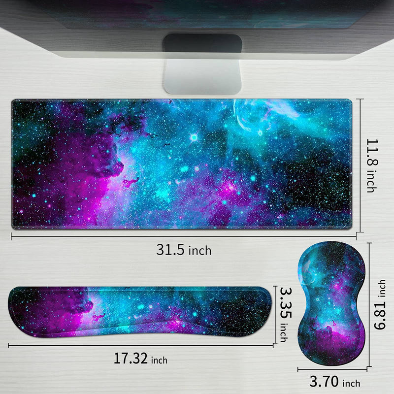 Pretty Mouse Pad and Gel Wrist Rest Set, Extended Desk Mat (31.5" x 11.8") with Memory Foam Ergonomic Keyboard Pad, Large Gaming Mouse Pad Non-Slip Easy Typing for Home Office, Milky Way Galaxy Stars XL-31.5"x11.8"x0.12"