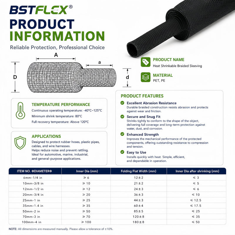 2:1 Heat Shrink Braided Sleeve 3/4 inch 20FT, Automotive Wear-Resistant Fabric Flat Woven Tubing, Flexible Abrasion Protection Sleeving for Wiring Harness, Cable Sheath, Wires & Hoses Protection 20mm-3/4" I.D x 20FT