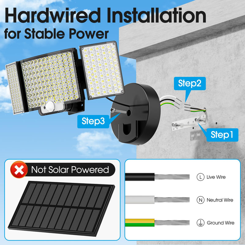 [AUSTRALIA] - Motion Sensor Outdoor Light Hardwired, 45W 7500LM Security Flood Lights Motion Detector Dusk to Dawn Light, IP65 Waterproof, 220 LEDs Floodlight with Remote Control for Garage, Yard, Porch 1 Pack 