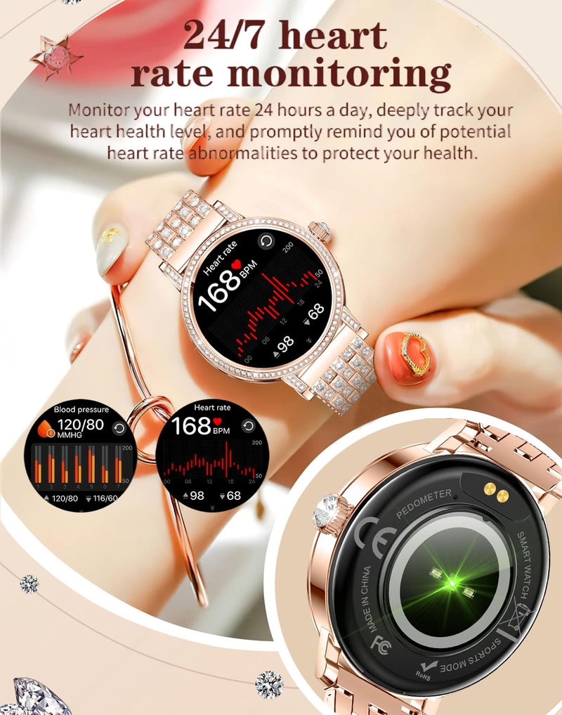 Diamond Smart Watch for Women Bluetooth Call 24/7 Blood Pressure Monitor Heart Rate&Sleep Tracker Fitness Activity Tracker Message Notifications Elegant Rhinestone Dress Smartwatch for IOS & Android Silver-Steel band