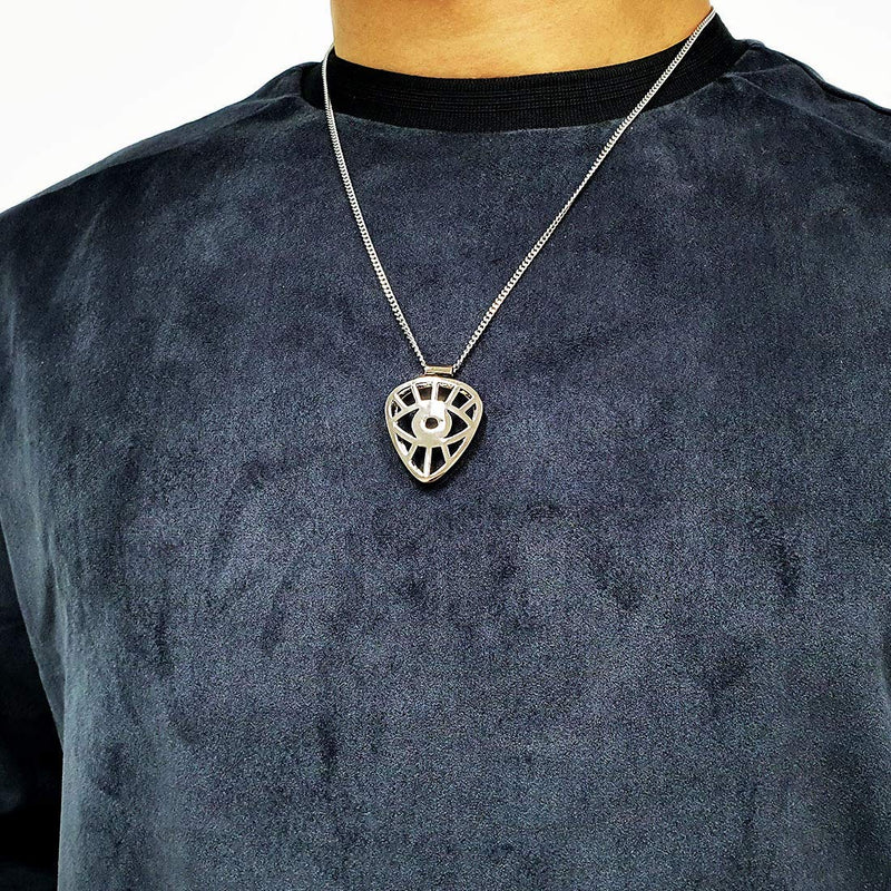 Eye Shaped Guitar Pick Holder Necklace for Guitarists/guitar picks keeper storage pendant necklace stainless steel music lovers musicians gifts (Metal Black) Metal Black