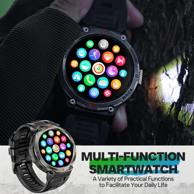 Military Smart Watch for Men, GPS Watch with Flashlight 3ATM Waterproof | Rugged Tactical Smartwatch with Bluetooth Calling Compass 1.45'' HD Sports Watch Fitness Watch Compatible with iPhone Samsung BK