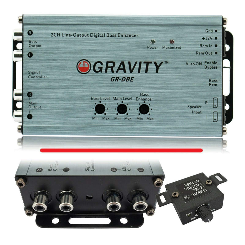 Gravity GR-DBE 2-Channel Premium Line-Out Converter with Digital Bass Enchancer with Knob/Dual Amplifier / 9.5 Volt Pre-Amp Outs/Level Matching Controls