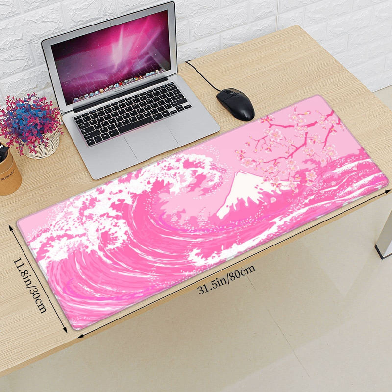Pink Japanese Wave Cherry Blossom Gaming Mouse Pad XL, Large Non Slip Rubber Mousepad, Stitched Edges Desk Pad, Long Extended Mice Pad,31.5'' X 11.8'' Pink Japanese Wave Cherry Blossom