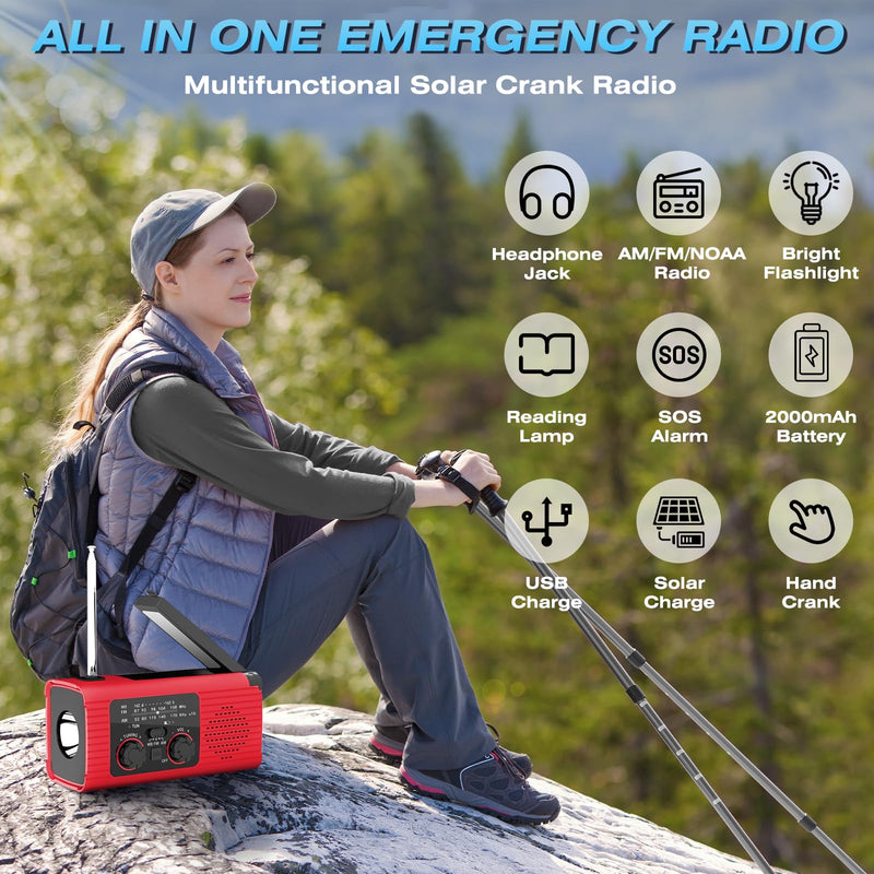 Emergency Radio, Hand Crank Radio Solar for Hurricane Supplies, AM/FM NOAA Portable Weather Radio 2000mAh with LED Flashlight, Power Bank, SOS Alarm 180°Rotatable Reading Lamp for Emergency Red
