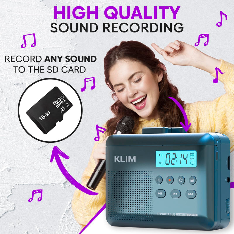 [AUSTRALIA] - KLIM K7 Cassette Tape Player - Cassette to MP3 Converter - Portable - Built-in Microphone & Speaker - Rechargeable Battery - Earphones - 16GB SD Card - Blue 