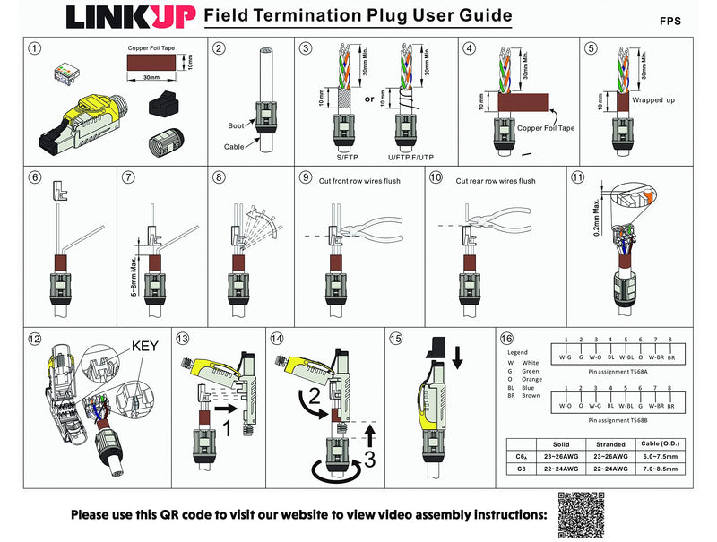 LINKUP Cat6A RJ45 Connectors | 6-Pack, White | shielded modular termination, tool-free, gold-plated, for solid and stranded Ethernet cable FTP Plug - White