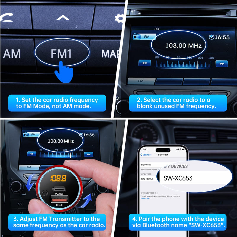 [AUSTRALIA] - Syncwire Bluetooth 5.4 FM Transmitter for Car, 38W PD&QC3.0 Dual USB Charging Bluetooth Car Adapter Microphone & Bass Sound MP3 Music Player FM Kit with Hands-Free Calling Black 