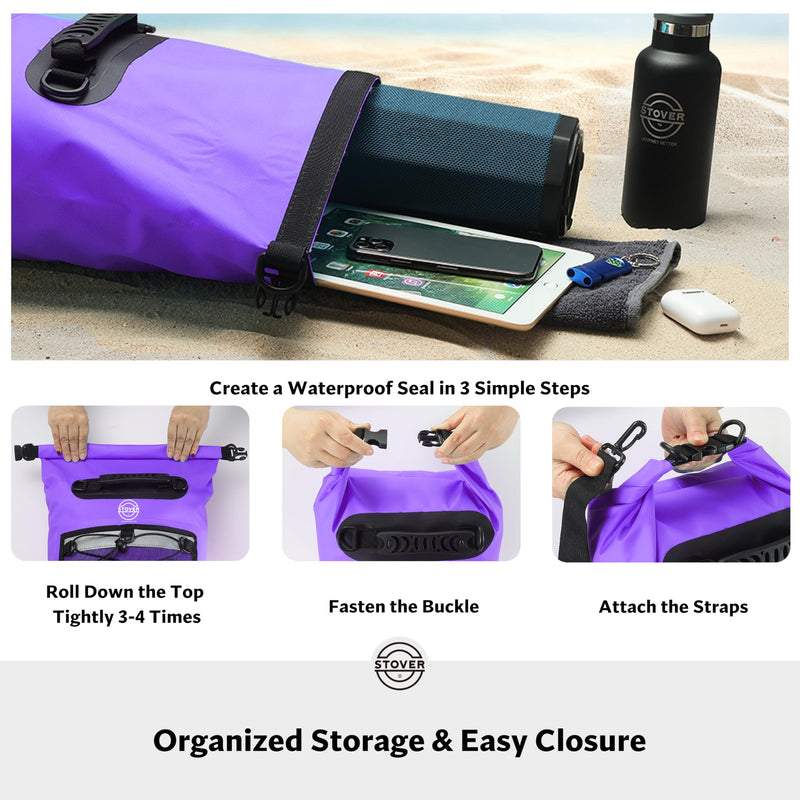 STOVER 5/10/25/30/40L Waterproof Dry Bag & Phone Case - Large Floating Dry Backpack for Kayaking, Travel, Hiking, Fishing, Camping, Motorcycles & Beach, Heavy-Duty Roll Top Men/Women (Purple) 25L+ Purple 40L